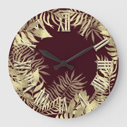 Woodland Golden Fern Burgundy Maroon Roman Number Large Clock