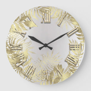 Woodland Golden Fern Foils Gray Roman Number Large Clock