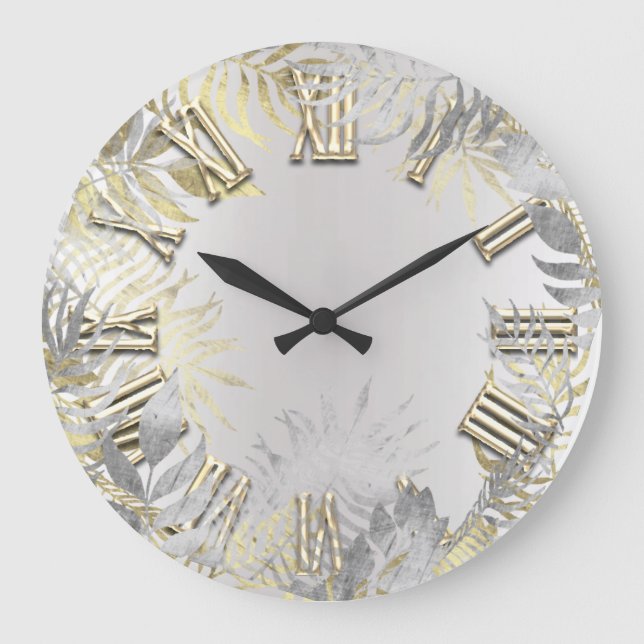 Woodland Golden Fern Gray Silver Roman Numbers Large Clock (Front)