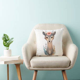 Woodland Grace: Floral Crowned Deer Throw Pillow