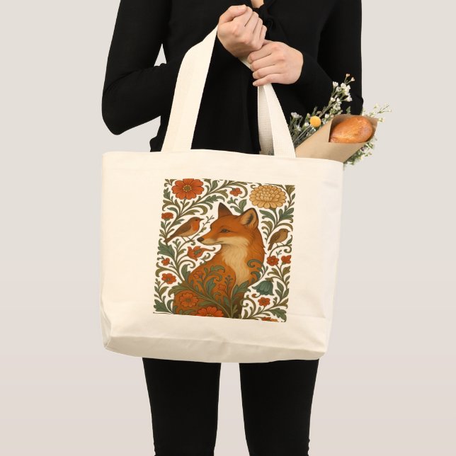 Woodland Grace Fox Motif in Bloom Large Tote Bag (Front (Product))