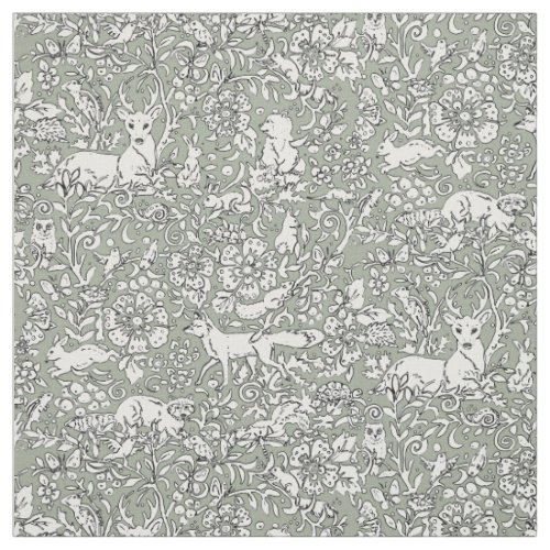 Woodland Gray Green Animal Pattern Deer Fox Rabbit Fabric