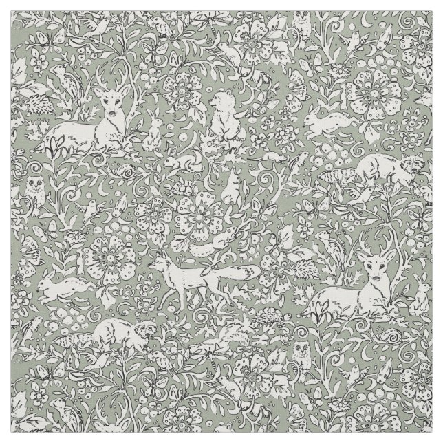 Woodland Gray Green Animal Pattern Deer Fox Rabbit Fabric (Swatch)
