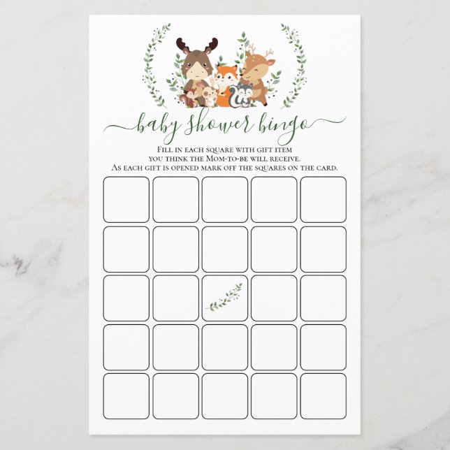 Woodland Green Baby Animals Shower Bingo Game Card (Front)
