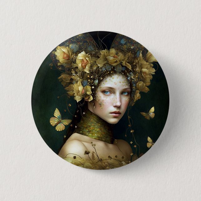 Woodland Green Fairy Fantasy Art Button (Front)