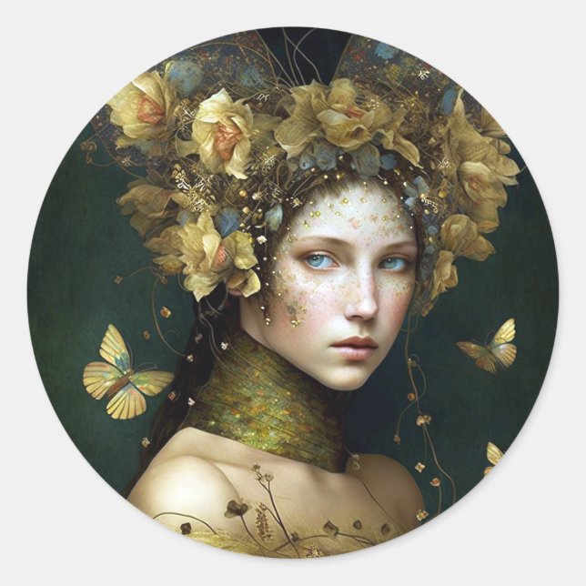 Woodland Green Fairy Fantasy Art Classic Round Sticker (Front)