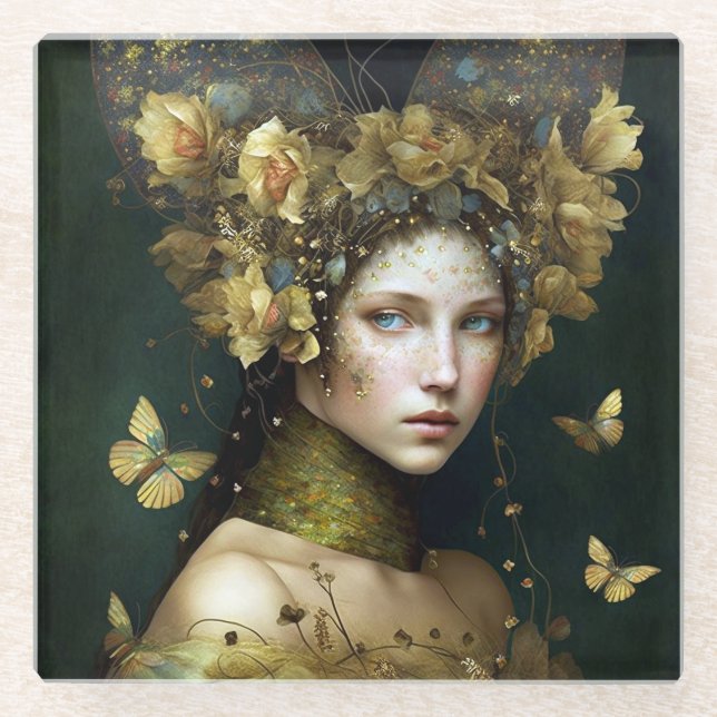 Woodland Green Fairy Fantasy Art Glass Coaster (Front)