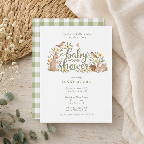 Woodland Green Gingham Baby Shower Invitation