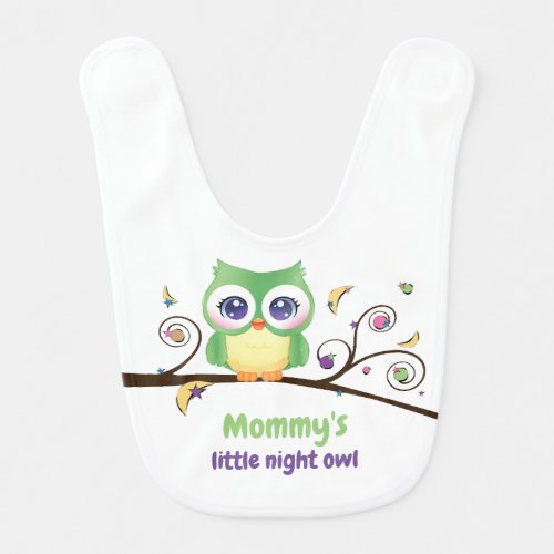Woodland Green Owl with Celestial Stars and Moons Baby Bib