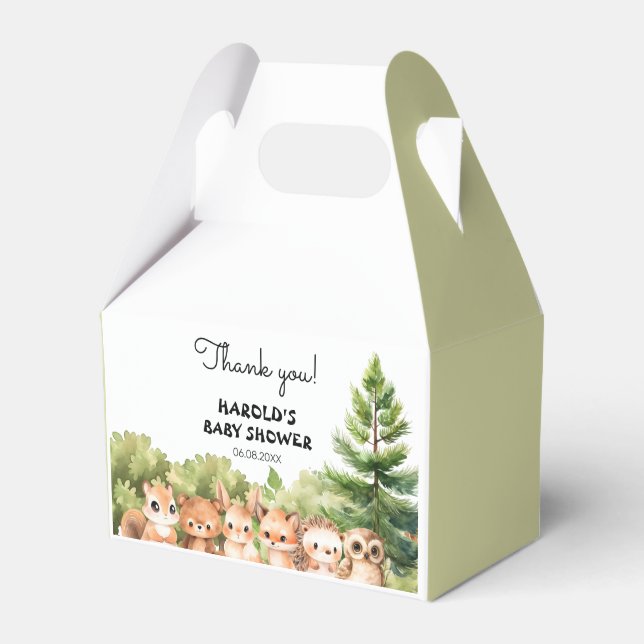 Woodland Green Sage Animals Baby Shower Favor Boxes (Front Side)