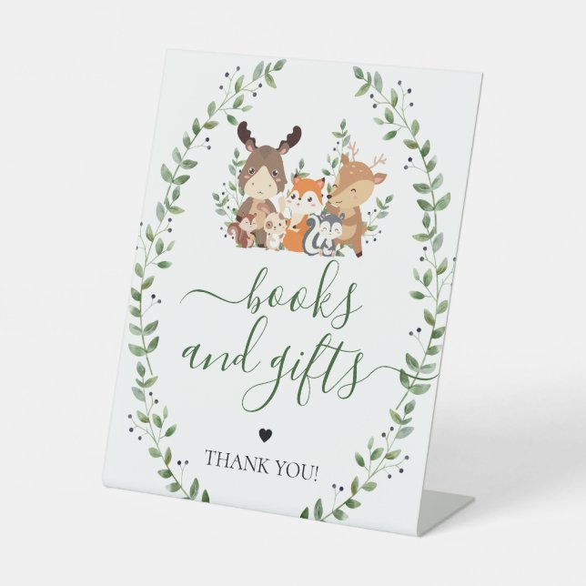 Woodland Greenery Animal Books & Gifts Baby Shower Pedestal Sign (Front)