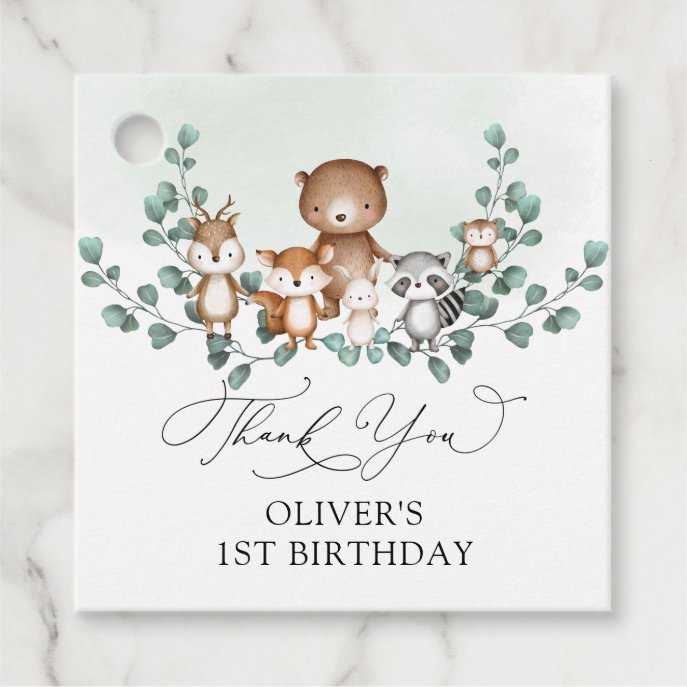 Woodland Greenery Animals Baby Boy Birthday Favor Tags