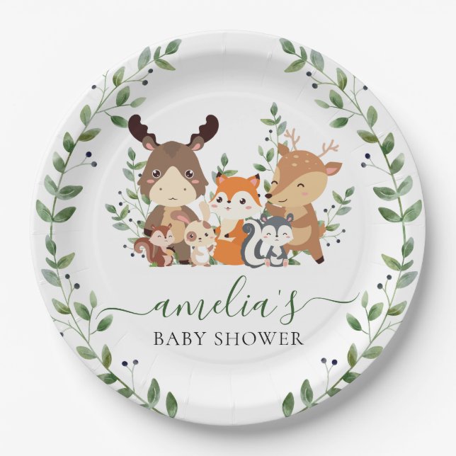 Woodland Greenery Animals Baby Shower 1st Birthday Paper Plates (Front)