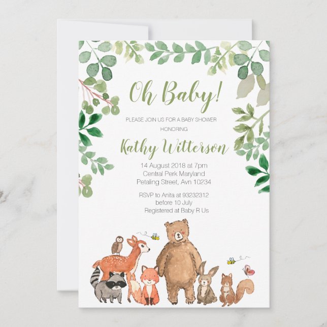 Woodland Greenery Animals Baby Shower Invitation (Front)