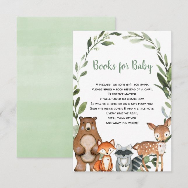 Woodland greenery animals book request baby shower enclosure card (Front/Back)