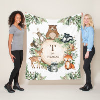 Woodland Greenery Animals Custom Monogram Name Fleece Blanket