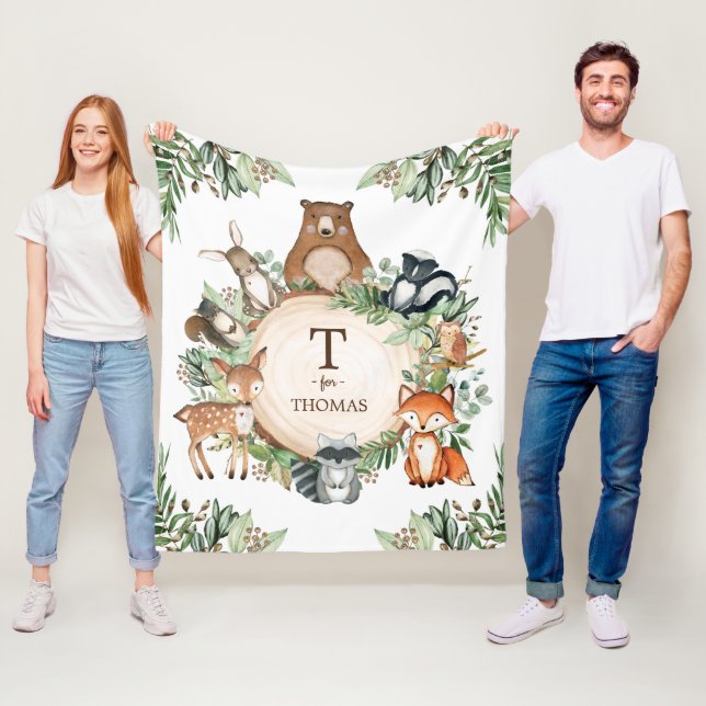Woodland Greenery Animals Custom Monogram Name Fleece Blanket (In Situ)