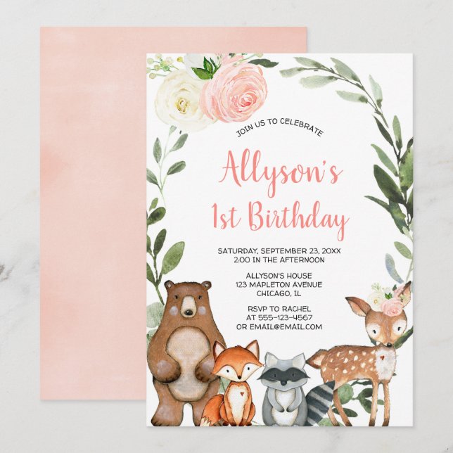 Woodland greenery animals girls 1st birthday party invitation (Front/Back)