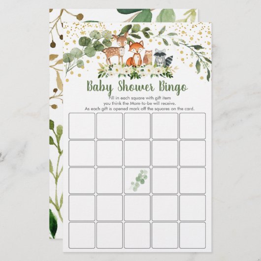 Woodland Greenery Baby Shower Bingo Game (Front/Back)