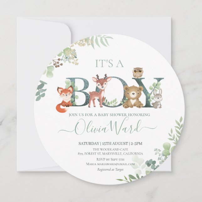 Woodland Greenery Baby Shower Boy Invitatation Thank You Card (Front)