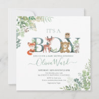 Woodland Greenery Baby Shower Boy Invitation