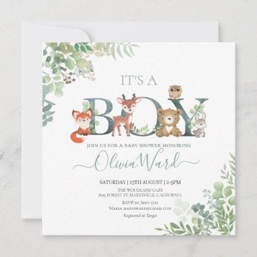 Woodland Greenery Baby Shower Boy Invitation