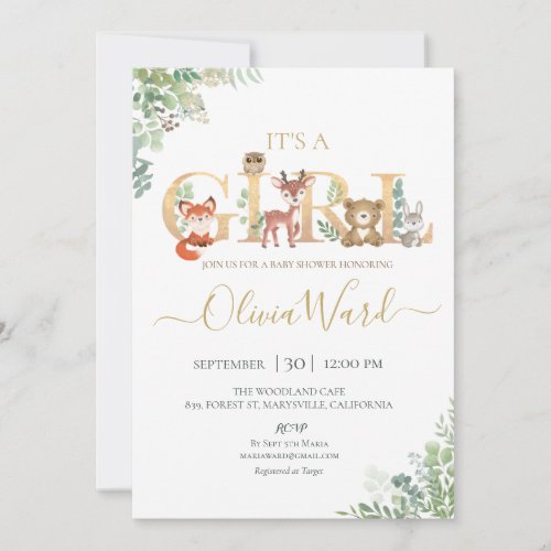 Woodland Greenery Baby Shower Girl Invitation