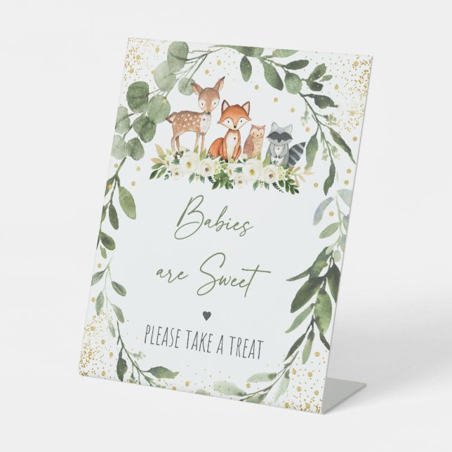 Woodland Greenery Baby Shower Treat Pedestal Sign (Front)