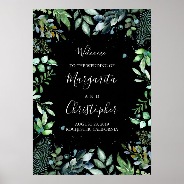 Woodland Greenery Black Wedding Welcome Sign (Front)