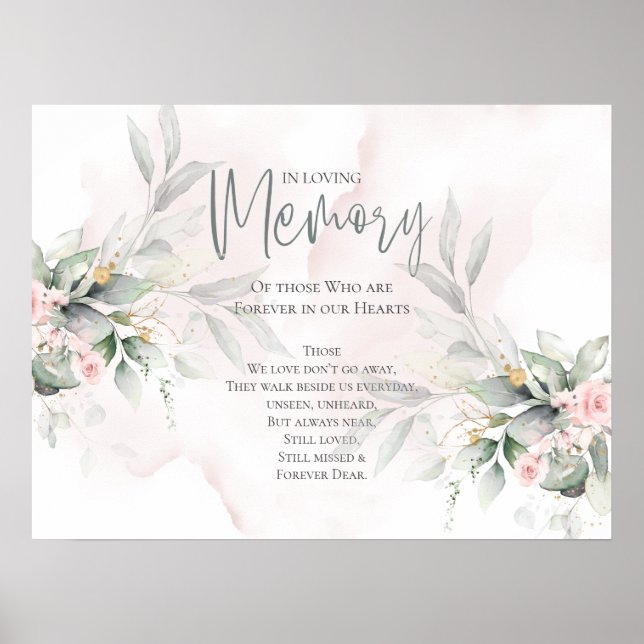 Woodland Greenery Blush Pink Rose Wedding Memorial Poster (Front)