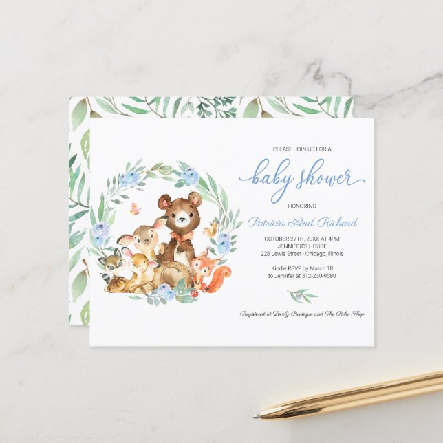 Woodland Greenery Budget Baby Shower Invitation (Front/Back In Situ)