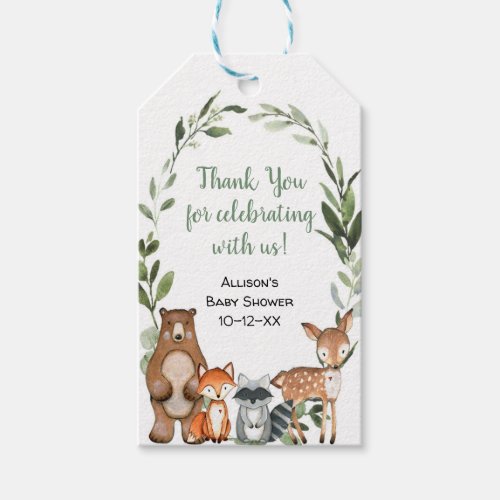 Woodland greenery cute animals baby shower gift tags