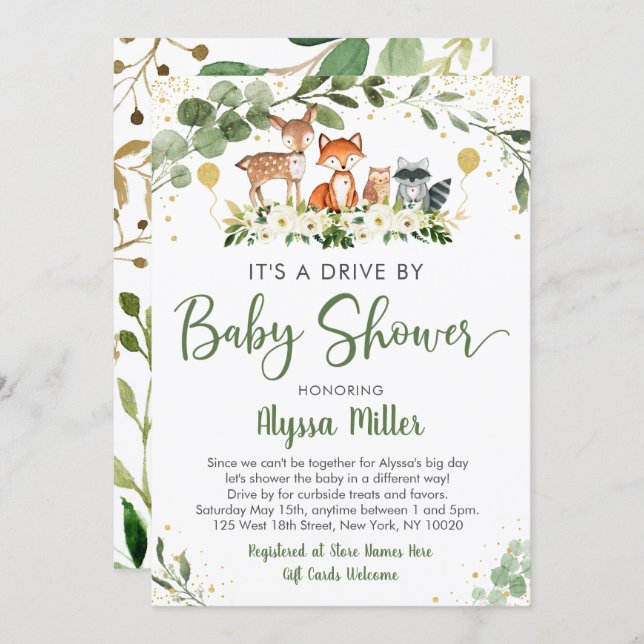 Woodland Greenery Drive By Baby Shower Invitation (Front/Back)