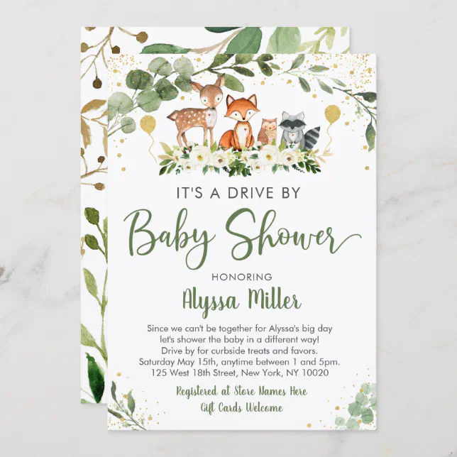 Woodland Greenery Drive By Baby Shower Invitation | Zazzle