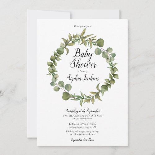 Woodland Greenery Eucalyptus Script Baby Shower Invitation