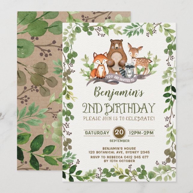Woodland Greenery Forest Animals 2nd Birthday Invitation (Front/Back)