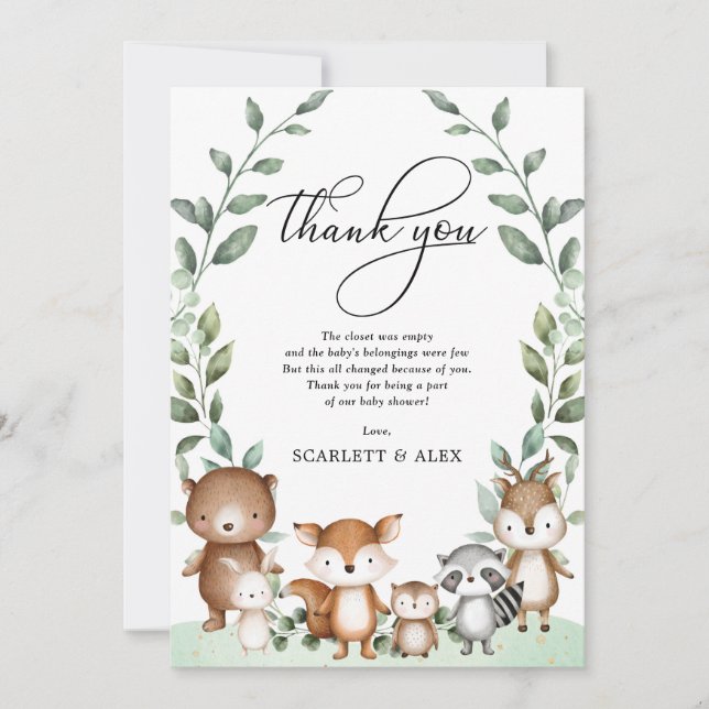 Woodland Greenery Forest Animals Baby Shower Favor Thank You Card (Front)