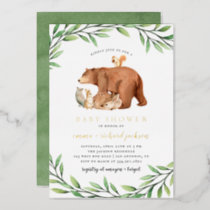 Woodland Greenery Forest Animals Baby Shower Foil Invitation