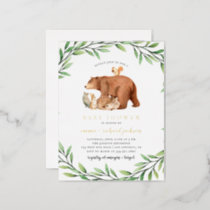Woodland Greenery Forest Animals Baby Shower Foil Invitation Postcard