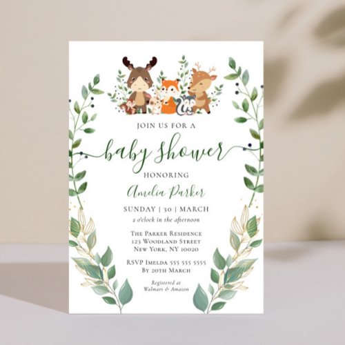 Woodland Greenery Forest Animals Baby Shower Invitation