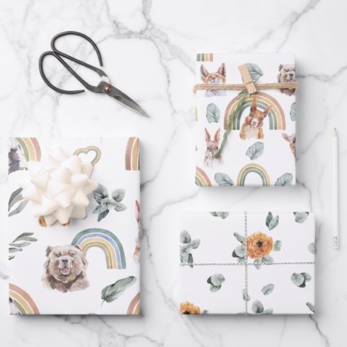 Woodland Greenery  Forest Animals  Rainbows Wrapping Paper Sheets