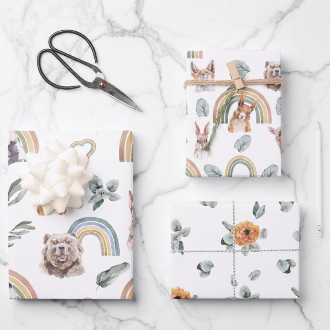 Woodland Greenery | Forest Animals & Rainbows Wrapping Paper Sheets (Front)