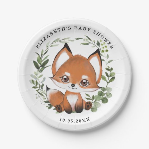 Woodland Greenery Fox 1st Birthday Baby Shower Paper Plates