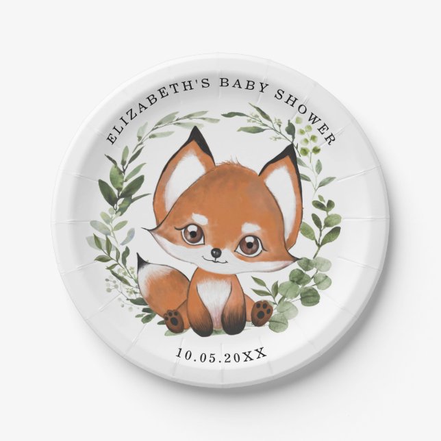 Woodland Greenery Fox 1st Birthday Baby Shower Paper Plates (Front)