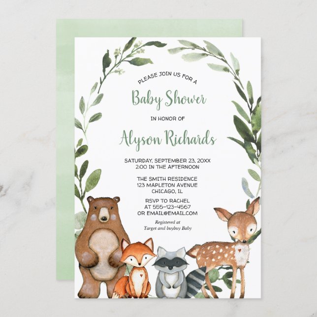 Woodland greenery gender neutral cute animals baby invitation (Front/Back)