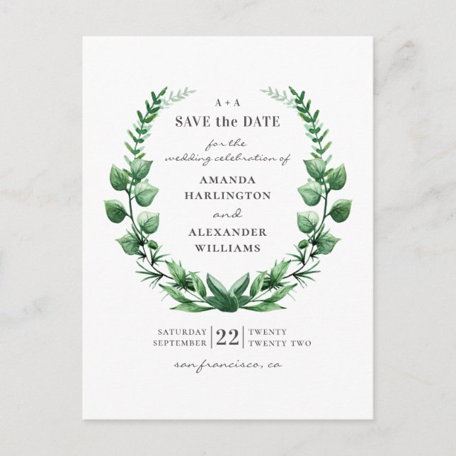 Woodland greenery. Green botanical Save the Date Postcard (Front)