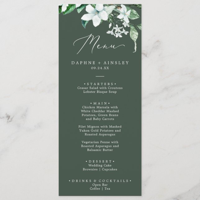 Woodland Greenery Hunter Green Wedding Dinner Menu (Front)