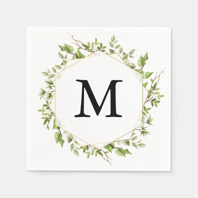 Woodland Greenery Monogram Cocktail Napkin (Front)