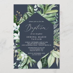 Woodland Greenery Navy Blue Baptism Invitation