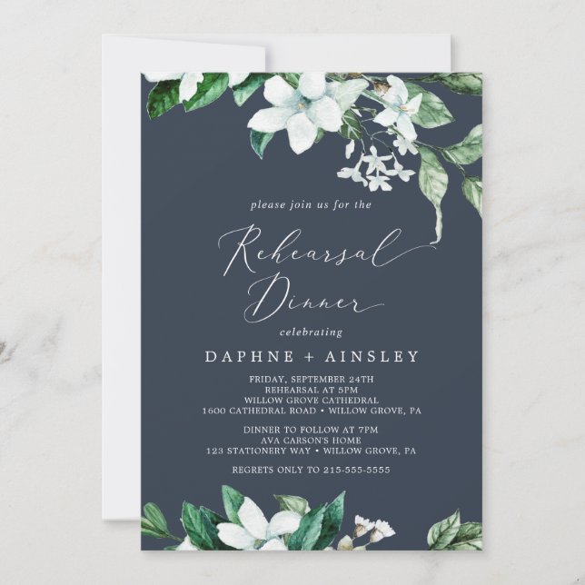 Woodland Greenery | Navy Blue Rehearsal Dinner Invitation (Front)